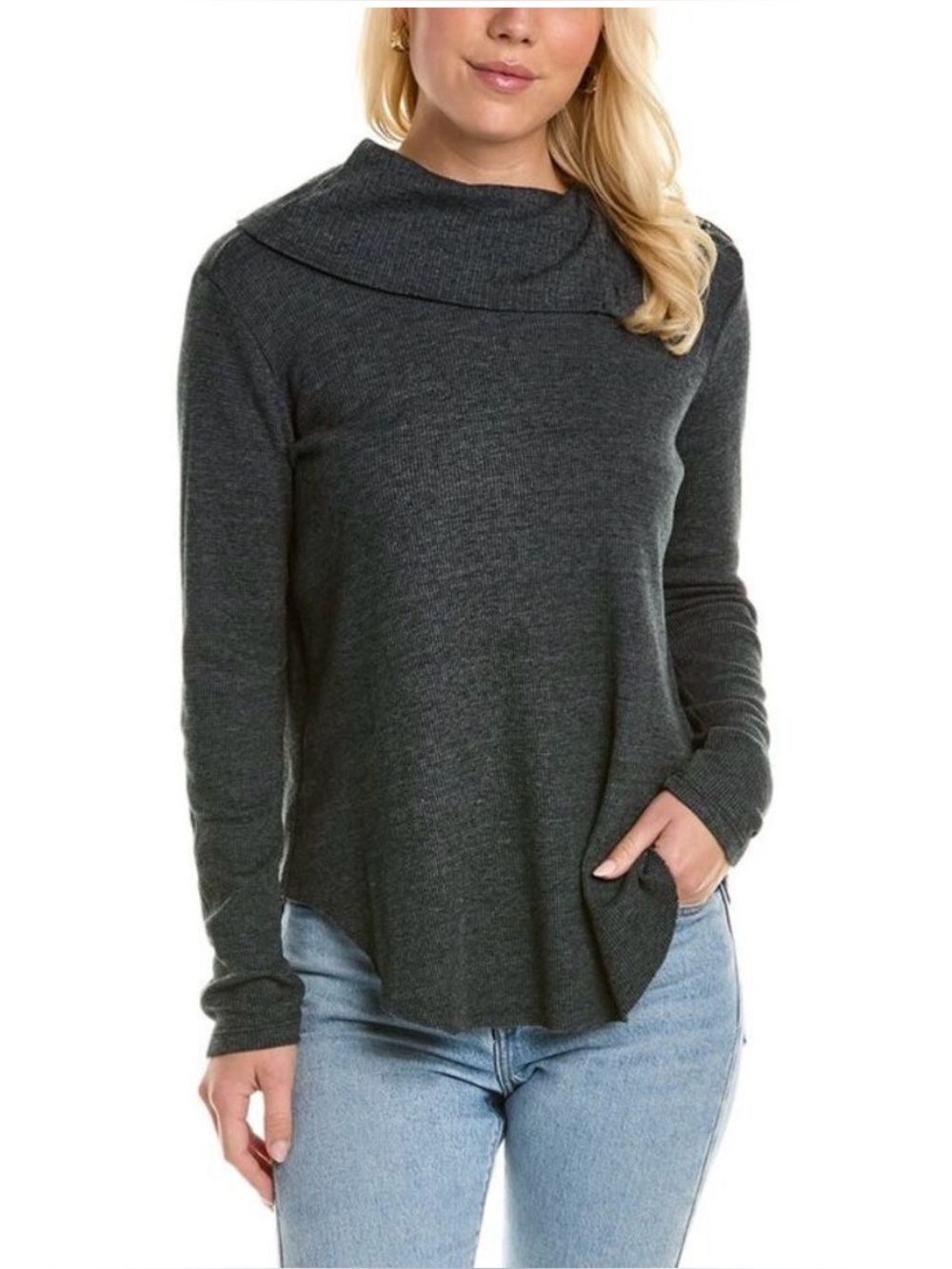 Michael Stars Bibi folded neck waffle knit ribbed charcoal gray top size medium